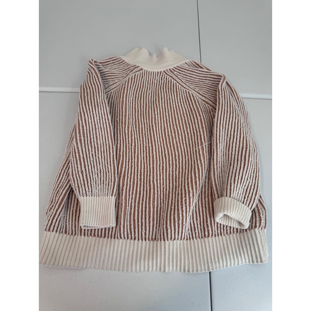Aerie Tan Cream Striped Ribbed Knit Polo Sweater V-Neck Raglan Long Sleeve S m3 - Picture 3 of 7